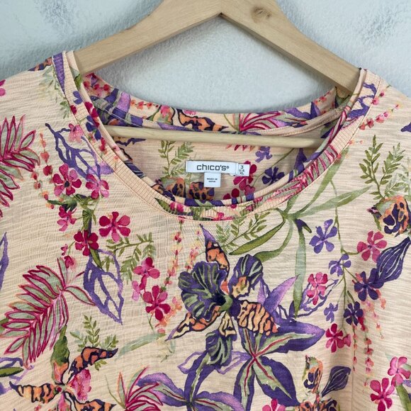 Chicos Womens XL Tropical Floral Elbow Sleeve Tee Crew Neck Shirt - Picture 10 of 14